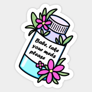 Medicine bottle with reminder and dark pink flowers Sticker